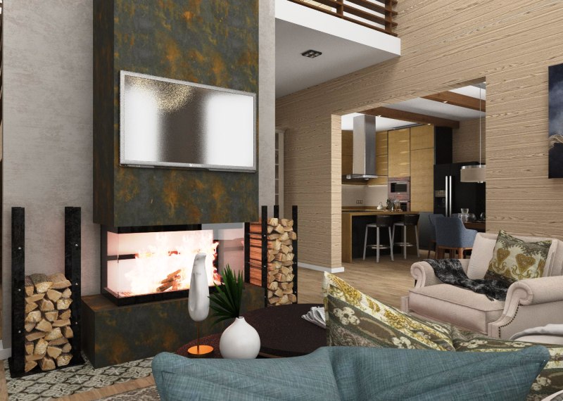 дизайн проект гостиной комнаты с камином загородного дома 250 м2